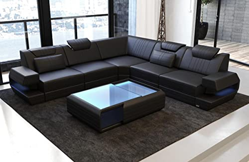 Ecksofa Ragusa Ledersofa L Form Sofa - mit LED Beleuchtung, verstellbare Kopfstützen/Lederfarben wählbar (Black)