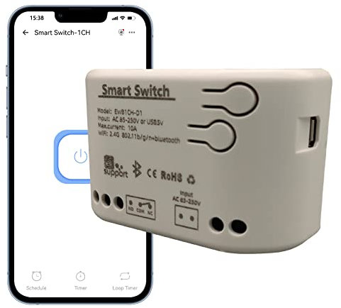 Jane Eyre Interruttore Smart Wifi con alloggiamento Interruttore Jog/Blocco Relè Wireless AC85V-250V, APP eWelink Telecomando Elettrodomestici, Controllo Bluetooth, per Alexa Google Home(1ch)