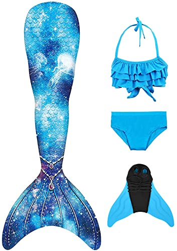BAWADE Meerjungfrauenflosse Mädchen Meerjungfrau Flosse mit Bikini Setfür Kinder und Monoflosse(4 Stück)