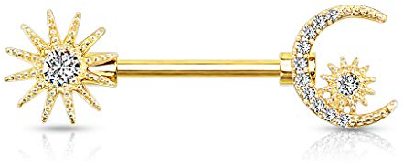 beyoutifulthings Brustwarzen-piercing Sonne Halb-Mond Stern Gold Pavé Zirkonia Clear Brust-piercing Nippel-piercing Chirurgenstahl Stab 14-mm