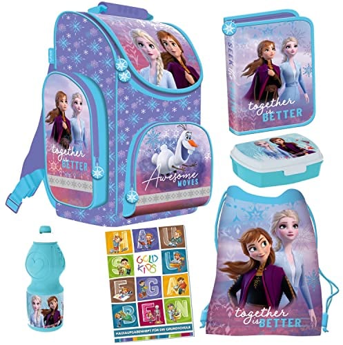 Goldkids Set 6er Schulranzen Ranzen Tornister Federmappe Turnbeutel Turnsack Brotdose Trinkflasche Aufgabenheft für die Grundschule Frozen Eiskönigin Motiv