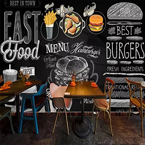 ZONOKI Papier Peint Panoramique Burger De Restauration Rapide Tableau Noir Poulet Frit, Photo Papier Peint Grand Murale 3D - pour Décoration murale de restaurant de café de cuisine 250 x 175 cm