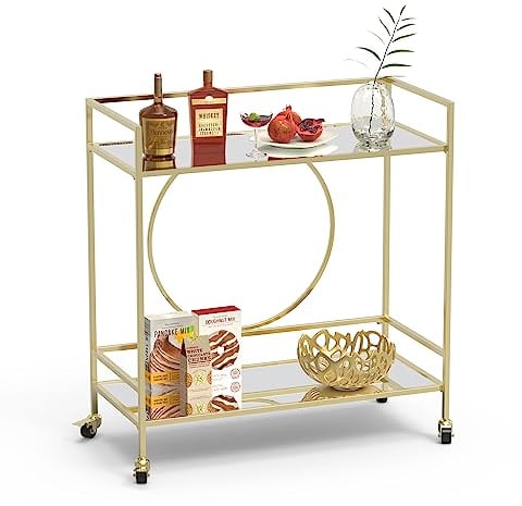 RiteSune Gold Kitchen Trolley, Mirror Rolling Serving Bar Cart on Lockable Wheels, Wine Drink Liquor Cart Stand for Home Kitchen Storage, Living Room, Club Party, Mother Day
