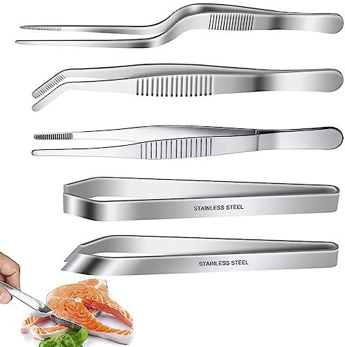 Pinzas para cocina,Juego de pinzas de Chef,Pinzas inclinadas de acero inoxidable,Juego de pinzas de hueso,Pinzas de espina de pescado.Para decorar alimentos cocinar y hornear (5 piezas)