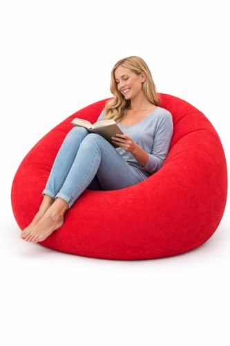 eBoutik - Aufblasbarer Deluxe-Lounge-Sessel für drinnen und draußen, weicher Plüschstoff, ideal für Zuhause und Garten, Gaming, Picknicks, Strand, Camping (rot)