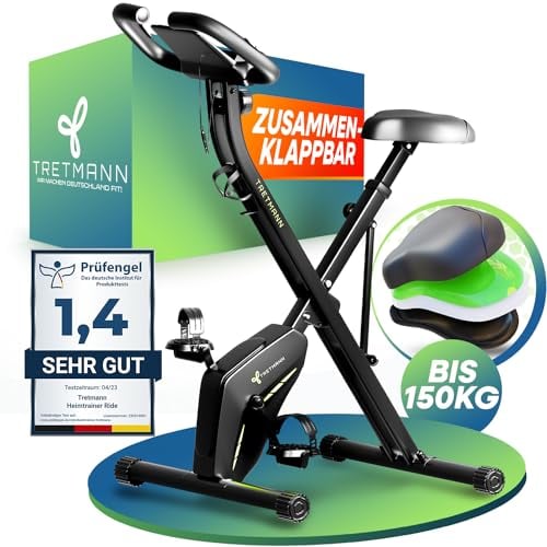 Neu Tretmann Hometrainer fahrrad Klappbar Set-extra bequem & leise- [RelaxFoam] bis 150KG Belastbar Ergometer, Heimtrainer fahrrad, Ergometer Heimtrainer Senioren, Spinning Bike Indoor, Fitnessbikes