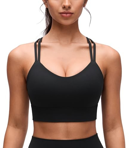 CRZ YOGA Butterluxe Women's Strappy Sports Bra Molded A-D Cup Criss Cross Yoga Bra Padded Longline Workout Crop Top Black S