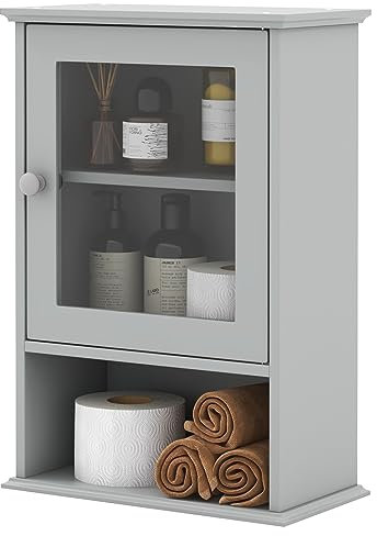 RELAX4LIFE Wall Mounted Bathroom Cabinet, 2-Tier Single Door Storage Cabinet with Adjustable Shelf, Modern Cupboard Storage Unit for Kitchen Living Room Corridor (Grey)