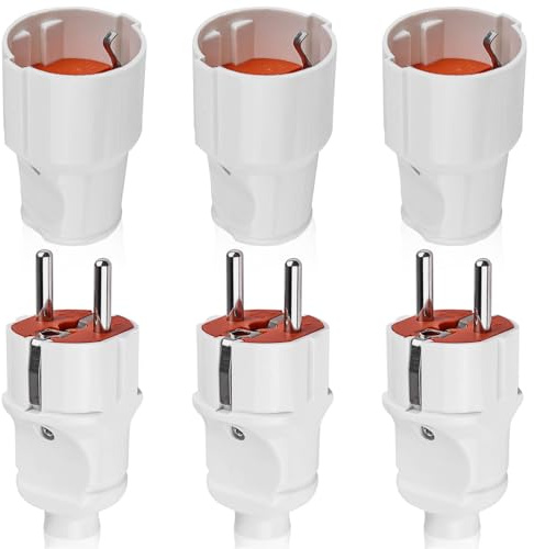 3 Paar Schuko Stecker Kupplung, Schukostecker und Schukokupplung, Schutzkontaktstecker PVC Schuko Stecker + Kupplung Weiß Set 2-polig, 220V kann für 0.5-2.5cm² Kabel, IP20, 220V, 16A Außenbereich