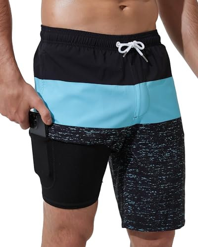 Arcweg Bañador para hombre con compresión 2 en 1, de secado rápido, pantalones cortos de playa con bolsillo con cremallera, negro y azul, XL