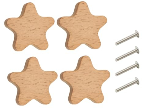 F Fityle 4x Schrankknöpfe/Schubladengriffe aus Holz mit Schrauben/Möbelknöpfe, Kommodengriffe für Badezimmer/Kommode/Schrank, Stern