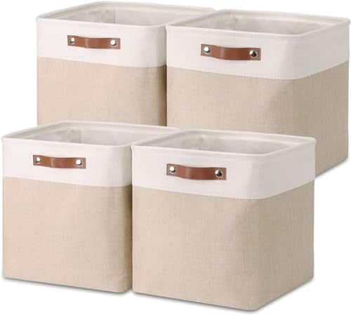 VIIHTYISA Aufbewahrungsbox, 33x38x33cm Aufbewahrungskorb Stoff, Box in Würfel für Schrank, Regal, und Kleidung Khaki/Weiß, 4er Pack