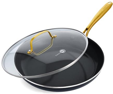 GreenPan Studio Cookware 12 Frying Pan Skillet with Glass Lid, Healthy Ceramic Nonstick Coating, Heavy-Gauge Aluminum, Gold-Tone Stainless Steel Handle, PFAS-Free, Dishwasher & Oven Safe, Black