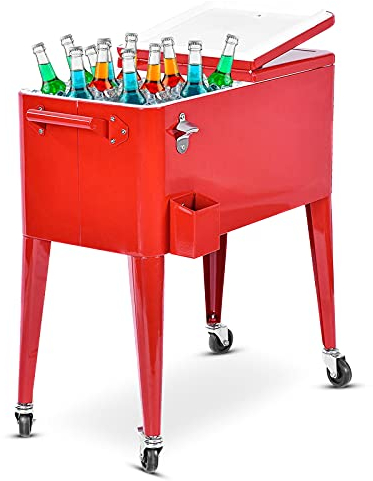 COSTWAY Chariot Isotherme Roulant de 76 litres, Réfrigérant avec roulettes Universelles Ouvre-Bouteille, Desserte Jardin pour Conserver Glace et Boissons dans Fête Terrasse (Rouge)