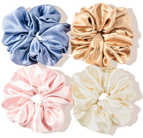 (4 Stück) Lolalet Große Haargummis Seide Scrunchies Satin für Damen, Haargummi Weich Elastisch Silk Skrunschis Groß für Damen Frauen Mädchen 4 Farben - A