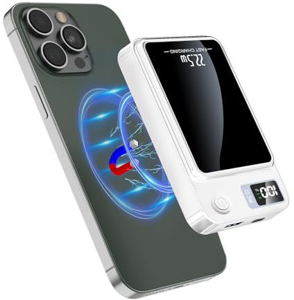 Power Bank 10000 mAh, Wireless Magnético PowerBank PD 22.5 W Carga Rápida Cargador Portátil con Pantalla LED USB-C Paquete Batería Compatible para iPhone 12/13/14/15/Pro/Mini/Pro Max (blanco)