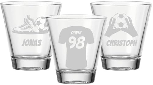 LUXENTU Trinkgläser mit Gravur 3er Set, 215 ml, Personalisierte Wassergläser und Kindergläser mit Fußball-Motiven, Fußball & Schuhe | Trikot | Torwarthandschuhe, Spülmaschinenfest