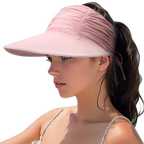 DRESHOW Damen Visor Sonnenhut Breite Krempe Hut Einstellbar Faltbarer Pferdeschwanz Strandhut Sommer UV Schutz Außen Hut UPF 50+