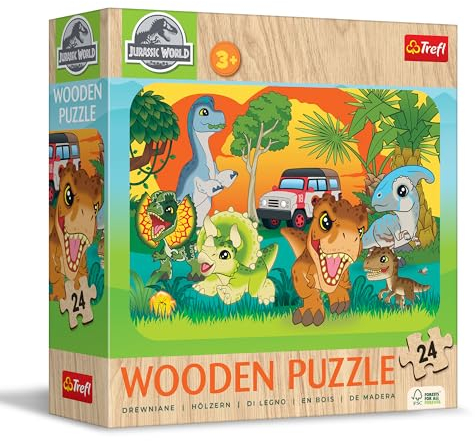 Trefl - Holzpuzzle: Jurassic World, Lernen Sie Dinosaurier kennen - 24 Elemente, Wooden Puzzle, gerundete Kanten, Dekoratives Muster auf der Rückseite, für Kinder ab 3 Jahren
