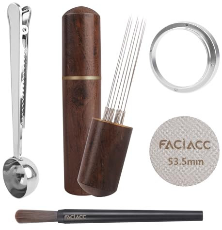 FACIACC 5Pcs Espresso Accessories Set, Wdt Tool, 54mm Dosing Funnel & Puck Screen, 2 in 1 Coffee Bag Clip & Spoon, Barista Kit, Stainless Steel 8pin Stirrer