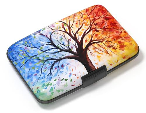 Atufsuat Kartenhalter, Kreditkartenetui für Damen, RFID-Geldbörse, Visitenkartenhalter, Mini-Aluminium-Kartenetui, RFID-blockierend, schmal, Metall, harte Karte für Damen, Bunte Bäume,