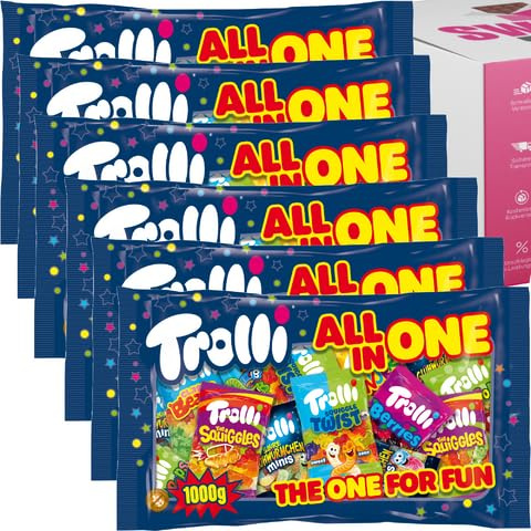 Trolli All In One 1000g | Fruchtgummi & Gummibärchen Mix in Mini-Tüten | Großpackung Süßigkeiten | Ideal für Halloween, Adventskalender, Partys (6x Trolli All In One 1000g)