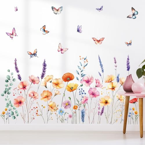 SHUCHING Wildblumen Wandsticker, Garten Floral Wandaufkleber, Wasserfarben Blume Wandtattoos für Wohnzimmer Schlafzimmer Wanddeko DIY