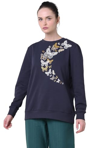 Enorsia Womens Butterfly Print Sweatshirt Crew Neck Long Sleeve Jumper Glitter Design Ribbed Detail Cotton Blend Comfortable Fit Ladies Sweatshirt Everyday Casual Chic Layering Top