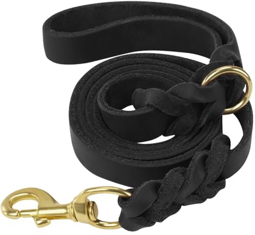 Joytale Hundeleine Leder, Strapazierfähige Lederleine Für Hunde Mit Stabilem Messinghaken, Weich Und Langlebig, Geeignet Für Kleine, Mittlere Und Große Hunde（Schwarz, 120cm×2cm）