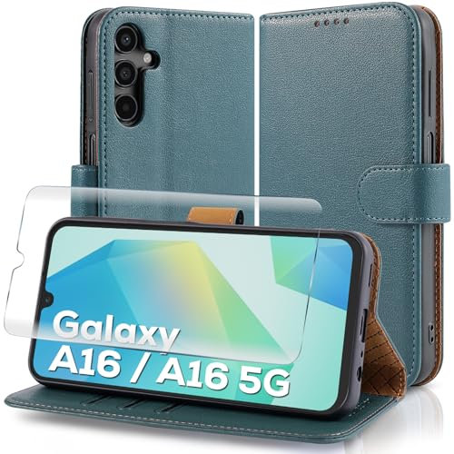 Case Collection for Samsung A16 Phone Case and Screen Protector - Leather Folio Flip [Kickstand] Shockproof Cover [RFID Blocking] Magnetic Wallet for Samsung Galaxy A16 5G Case Teal
