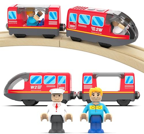 DxxD Battery Operated Wooden Track Train, Motorized Toy for 3-5+ Years Kids, Electric Set with Magnetic Connection Compatible with Thomas, Brio, Red