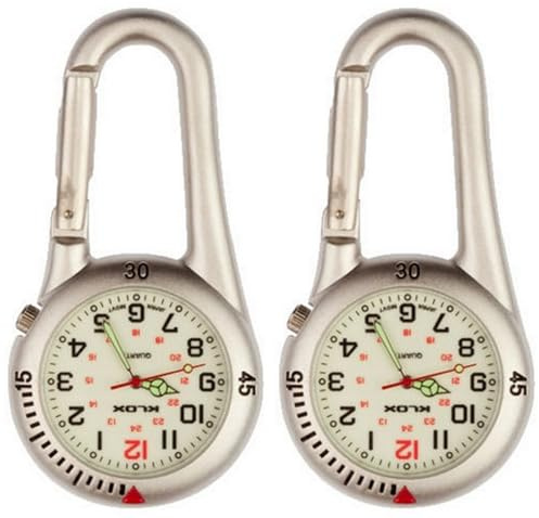 Klox 2 Stück Clip-on-Karabineruhr, Rucksack-Taschenuhr mit Gürtelschlaufe, Unisex-Uhr für Ärzte, Krankenschwestern, Outdoor-Aktivitäten, Sanitäter (Silber mit weißem Ziffernblatt)