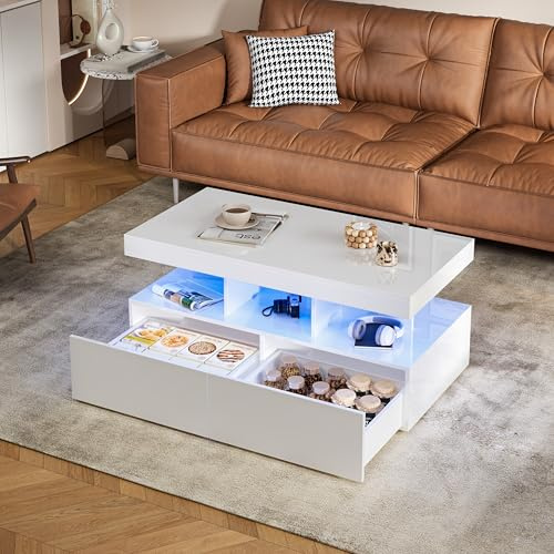 LKPOMI Couchtisch LED Beleuchtung, Wohnzimmertisch Hochglanz mit 2 Schubladen und offenes Fach, Mitteltisch Teetisch, rechteckiger Kaffeetisch, modernen Beistelltisch, 104x53x46cm (Weiß)