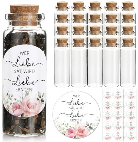BOFUNX 20pcs Gastgeschenke Hochzeit - Wer Liebe sät, wird Liebe ernten Glasflaschen für Blumensamen zur Hochzeitsgeschenk Gastgeschenk für Hochzeit Taufe Kommunion Konfirmation Geburtstag Jugendweihe
