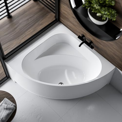 ECOLAM Badewanne Dina 140x140 cm Schürze Eckbadewanne Ablauf Füße Silikon | Im Set weiße Verkleidung Siphon Füße Silikon direkt vom Hersteller echtes Sanitäracryl Top Qualität schöne Eckwanne
