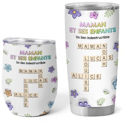 Cadeau Plus Mug Isotherme Personnalisable Prénom - Maman Et Ses Enfants Mots-Croisés - Mug Thermos Personnalisé, Thermos Personnalisable, Tasse A Cafe Isotherme, Thermos Tasse (Modèle #1, 12Oz)