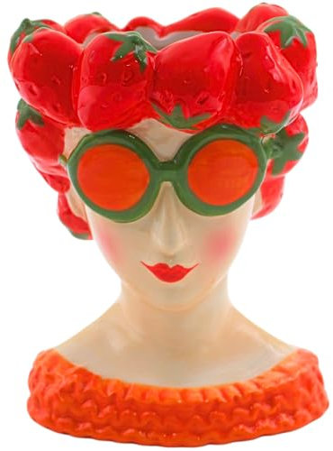 XL Dekovase, Vasenkopf, Frauenvase, Vase als Frau mit Erdbeerkopfschmuck, Blumenvase als Erdbeermädchen, Keramikvase Erdbeere, Vase Frau mit Erdbeere Dekor aus Keramik in bunt, L/B/H 12 x 13 x 18 cm.