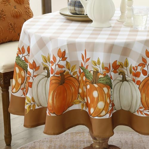 Romanstile Automne Nappe Ronde 120 cm de diamètre à Carreaux Orange avec Motif de Citrouille nappes extérieurs Nappe Anti Tache Lavable Tissu décor de Table pour Mangerr,Cuisine,Jardin,Pique Nique