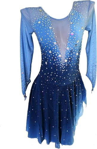 Blaues langärmeliges Eiskunstlaufkleid für Mädchen Wettkampf tragen Volldiamant Eiskunstlauf Anzug Damen Professionelle Eiskunstlauf Wettkampfkleider,Blau,L