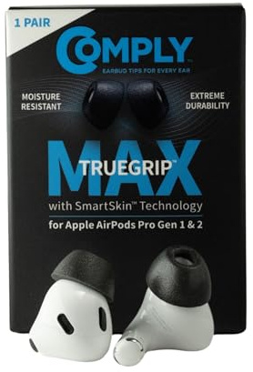 Comply TrueGrip MAX | Premium Memory Schaumstoff Ersatz-Ohrstöpsel für Apple AirPods Pro (1 & 2 Generation) | SmartSkin™-Technologie | schwarz, Größe S, 1 Paar