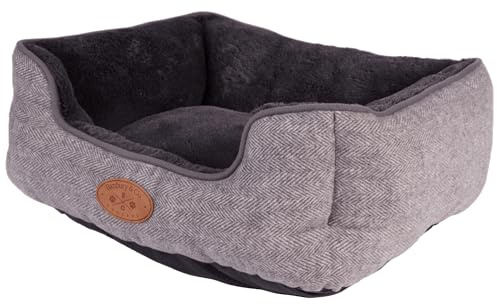 Banbury & Co Grey Dog Bed, High-Sided Herringbone Pet Sofa, Warm Extra Soft Fleece Inner Machine Washable Luxury Pet Bedding - Small | 55x42x20cm