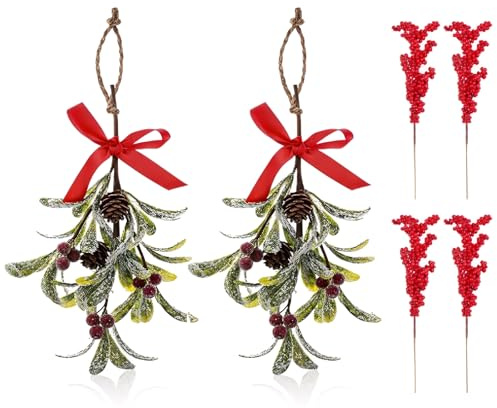 6 Stück Weihnachts Mistelzweig Dekor, mit Roter Schleife und 4 Bündel Roten Beeren, Künstlicher Mistelzweig zum Aufhängen, Tannenzapfen, Mistelzweig Hängestrauß, Glitzerndes Weihnachtsbaum Zubehör