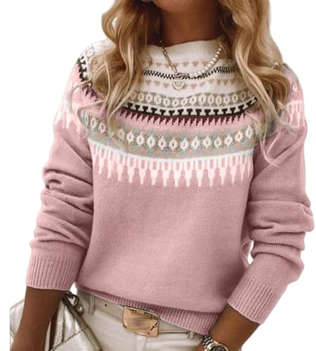 Norwegian Sweater Women, Women's Knitted Print Retro Sweater Crewneck Long Sleeve, Autumn and Winter Casual Jacquard Sweater