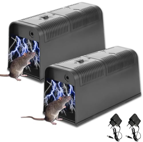 Elektrische Rattenfalle, 2 Stück Mausefalle Elektrisch, Extra Groß 5000V Elektronische Rattenfalle mit Adapter, Professionelle Mausefalle Geeignet für Beseitigung von Mäuse, Wühlmäuse