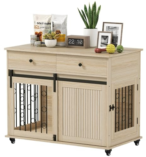 PawHut Dog Crate Furniture on Wheels, Dog Cage with 2 Drawers, Sliding Door, Indoor Kennel End Side Table for Medium Large Breeds, Oak Tone