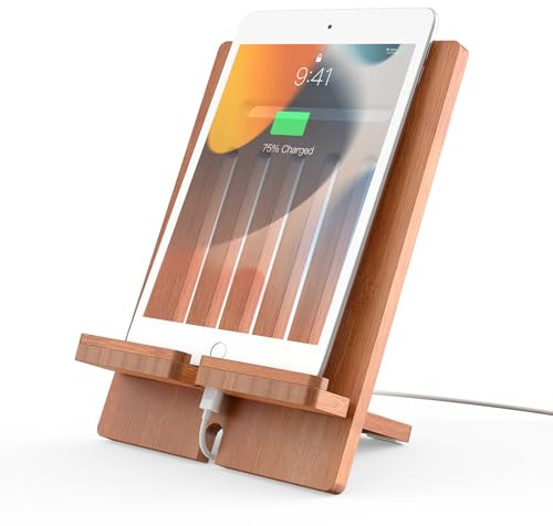 Pezin & Hulin Bamboo Tablet Stand Adjustable -Brown | Desktop Cell Phone Stand Holder Dock Compatible with Pad Air/Pro/Mini, E-Reader, Smartphone (Support to 4.7-13 Devices)