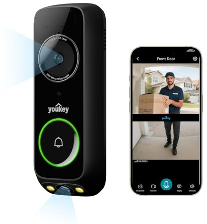 youkey Videocitofono Wireless con Campanello, Nessun Canone Mensile, Campanello a Batteria 2K con Video a Figura Intera, Rilevamento Pacchi, WiFi 6 2,4/5 GHz, Memoria Integrata da 8 GB