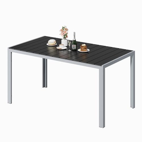 UDPATIO Gartentisch Wetterfest mit Aluminiumrahmen, 148 x 80 x 74 cm Outdoor WPC Tisch Holzmaserung-Finish, Balkontisch für 4-6 Personen,Garten,Terrasse,Dunkelgrau+Silber