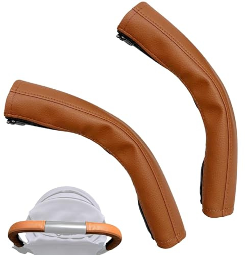 2 Stück Kinderwagen Griffbezug, Schiebegriff Abdeckung für Buggy, Handle Protector Cover für Kinderwagen Armlehne, Pu-Leder Schutzhülle Braun (26 x 22 x 10.5 cm)
