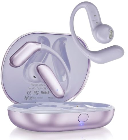 EEXXYZ Auriculares de oído Abierto, Auriculares Traductores con IA en Tiempo Real Auriculares inalámbricos Bluetooth 6.1, 90H Batería, IP66 Impermeable, Oreja Abierta Running y Oficina (Morado)
